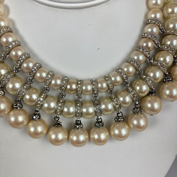 Vintage Carolee Faux Pearl Rhinestone Collar Bib Necklace Chunky Double Strand - Picture 2 of 11